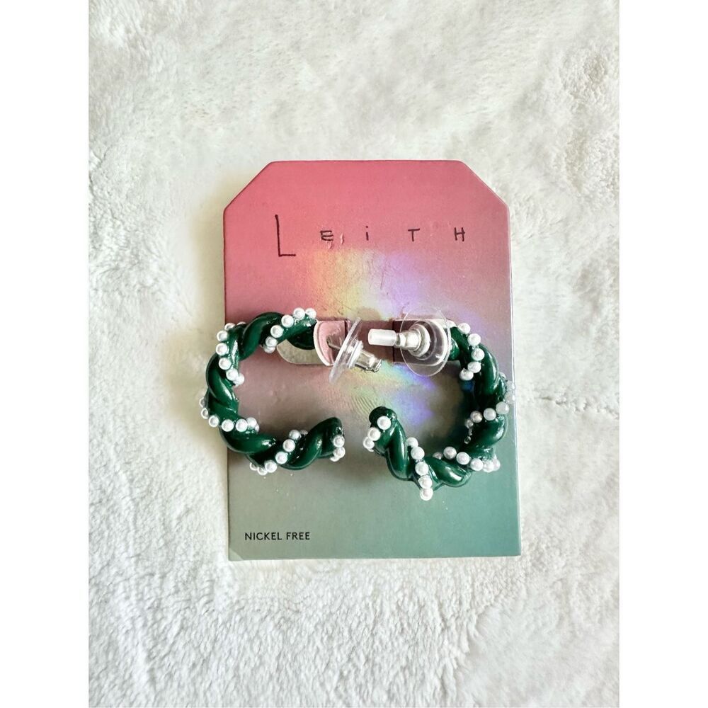 Green and white faux pearl twisted Leith hoop earrings